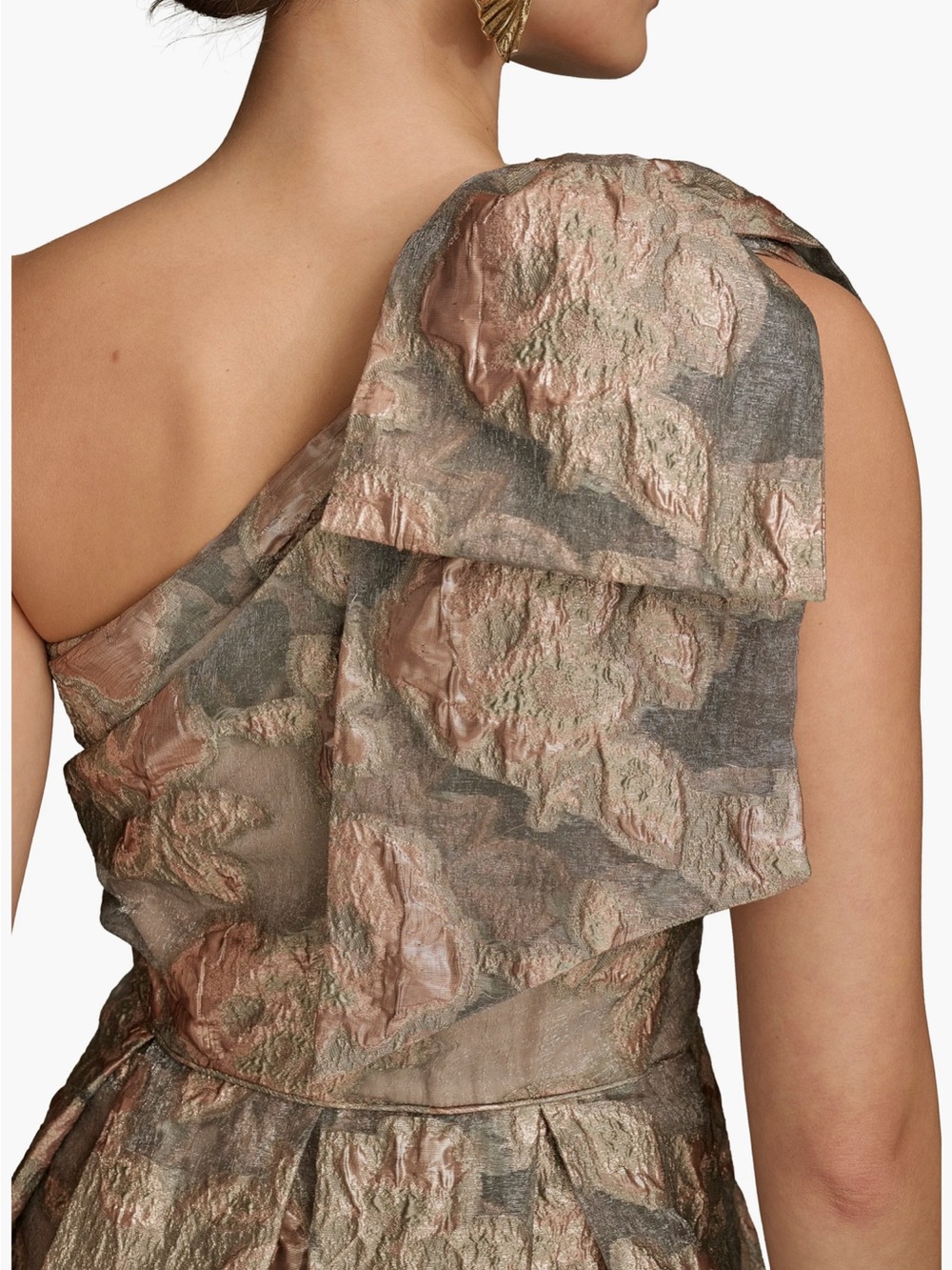 One-Shoulder Metallic Floral Ball Gown in Taupe and Rose - Picture 7 of 9